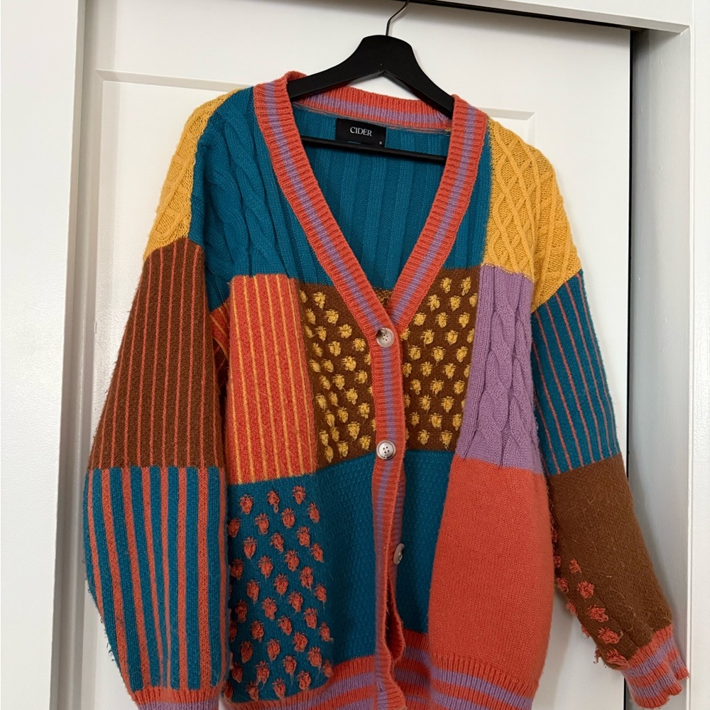 Yellow and Blue Cardigan Sweater with V-Neck and Patchwork Design